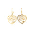 The Tree of Life and Heart Dangle Earrings, crafted in 14k gold-filled material, showcase heart-shaped designs that intricately incorporate elegant swirls and a small heart at the base of each tree, all with a polished finish against a white background.